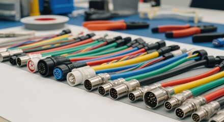 Detailed shot of colorful heavyduty cables and connectors laid out systematically during the fabrication of electric aircraft highvoltage wiring harnesses.