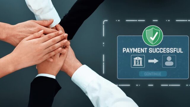 Illustration of successful online payment transaction with hands joining together and a digital indicator. This represents themes of trust, teamwork, and financial security. Raster