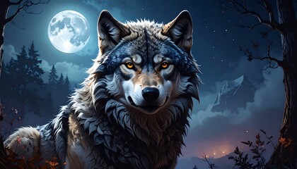 Majestic wolf under a full moon (1)