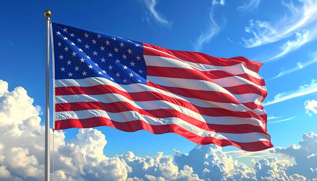 Bandera de Estados Unidos ondeando al viento sobre cielo azul con nubes blancas iluminadas por el sol