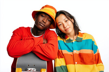 Diverse teenagers with skateboard in colorful outfits