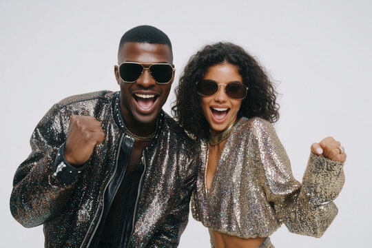 Stylish young couple celebrating in shiny party outfits - Powered by Adobe