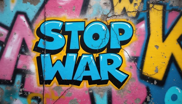 Graffiti mural displays vibrant blue lettering STOP WAR on colorful, cracked wall. Bright pink, yellow, teal paint create dynamic urban background. Artwork serves as powerful street art statement for