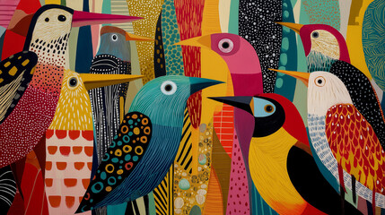 Group of colorful, imaginary birds