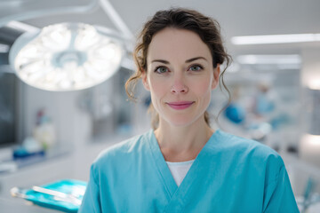 Confident female surgeon in scrubs smiling in a bright, modern operating room with surgical lights and equipment in the background