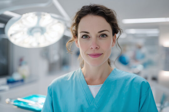 Confident female surgeon in scrubs smiling in a bright, modern operating room with surgical lights and equipment in the background - Powered by Adobe