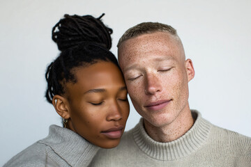 Obraz premium Interracial couple embracing with closed eyes