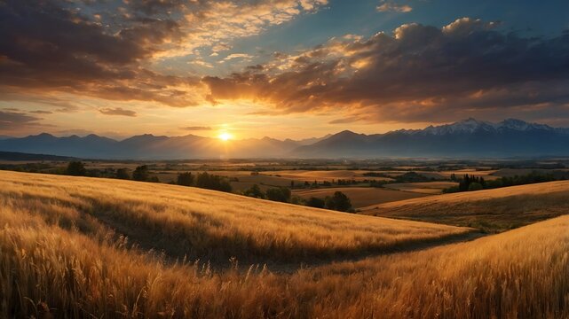 Paisaje campestre al atardecer con campos dorados de trigo y monta&ntilde;as en el horizonte bajo un cielo dram&aacute;tico con nubes iluminadas por el sol