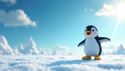 Cute cartoon penguin ice skating on frozen lake, winter wonderland scene with bright blue sky and soft clouds. Joyful animation character in playful pose. Charming, vibrant, and optimistic atmosphere.