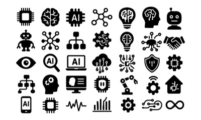 Artificial Intelligence and Technology Flat Vector Icon Set &ndash; AI, Robotics, Data
