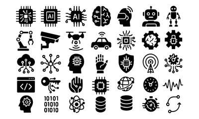 Artificial Intelligence and Technology Flat Vector Icon Set &ndash; AI, Robotics, Data