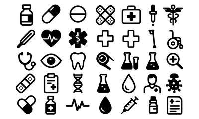 Medical and Healthcare Flat Vector Icon Set &ndash; Pills, Syringe, Doctor, DNA