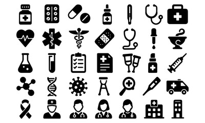 Medical and Healthcare Flat Vector Icon Set &ndash; Pills, Syringe, Doctor, DNA