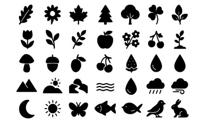 Nature and Wildlife Flat Vector Icons &ndash; Plants, Fruits, Animals