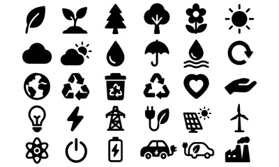 Ecology and Sustainability Flat Vector Icon Set &ndash; Recycle, Energy, Nature