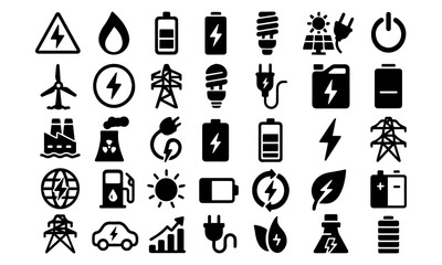 Energy and Electricity Flat Vector Icons &ndash; Battery, Solar, Wind, Power