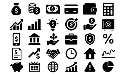 Finance and Business Flat Vector Icons &ndash; Money, Wallet, Bank, Charts