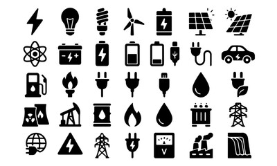 Energy and Electricity Flat Vector Icons &ndash; Battery, Solar, Wind, Power