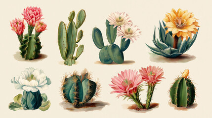 Eight cactus plants, some in bloom