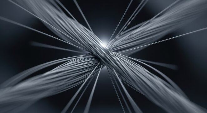Extreme closeup of individual carbon nanotube fibers twisted into yarn during continuous spinning highlighting the microscopic scale and material strength.