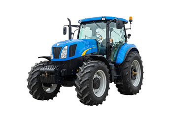 Obraz premium Blue agricultural tractor with large tires and yellow warning lights isolated on a transparent background