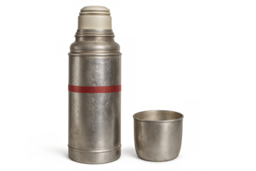Vintage metal thermos with cup on transparent background
