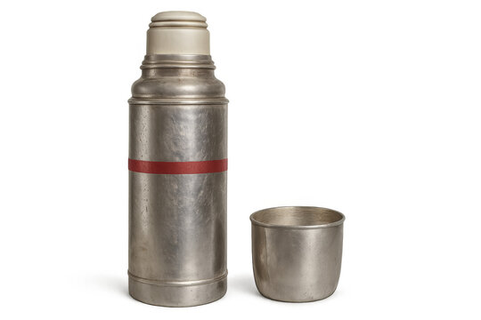 Vintage metal thermos with cup on transparent background