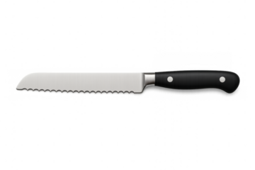 Bread knife with black handle and serrated blade on transparent background