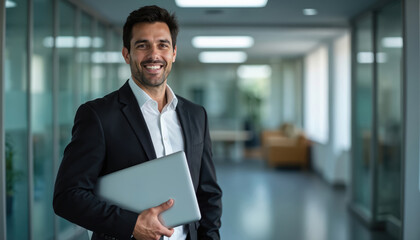 Fototapeta premium Smiling businessman holds laptop in modern office hallway. Confident man in suit, white shirt. Successful entrepreneur, young adult, tech pro. Ready for work, meetings, study. Online business, smart