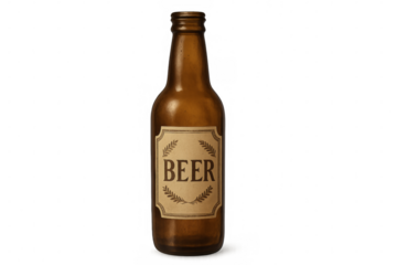Brown beer bottle with generic label on transparent background