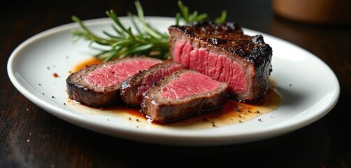 Obraz na płótnie Canvas Perfectly plated, juicy ribeye steak, medium-rare cooked, served with savory sauce, rosemary sprig on white plate. Delicious beef meal, gourmet dinner, epicurean lunch. Rich texture, appealing
