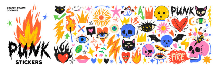 Punk and rock style crayon drawn stickers. Skull, eye, cat, and fire illustrations. Scribble stickers for tattoo art. Doodle funky punk elements, emo gothic heart symbols. Mystical illustrations.