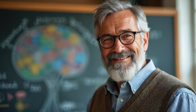 Smiling middle-aged professor with eyeglasses stands before blackboard filled with educational diagrams. Wears collared shirt, vest. Image represents knowledge, teaching, academic pursuits in