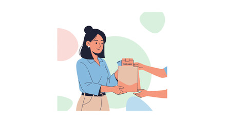 Fototapeta premium Woman Receives Takeaway Order From an Anonymous Hand Against an Abstract Background