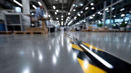 A close-up view of a warehouse floor showing a caution line, emphasizing safety protocols within a spacious industrial environment with organized workstations in the background.