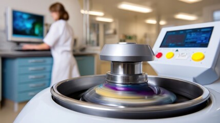 Modern chemical laboratory setup. Automated scientific equipment processing colorful chemical reagents. Scientist monitors vital experimental data on a computer screen.