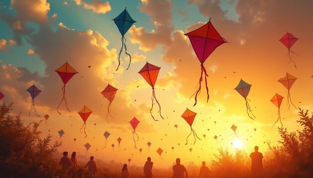 Colorful kites dance in a golden sunset sky as families gather for Basant celebration. People watch kites soar high above fields. Festive atmosphere, joy, and cultural tradition are evident.