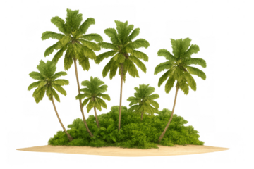 Tropical island with palm trees growing on transparent background
