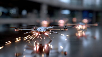 A group of drones launches sparks in an industrial environment, symbolizing innovation and technology, as they represent cutting-edge automation and future logistics processes.