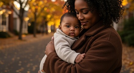 Black woman in autumn coat holding baby, walking outdoors in autumn park, warm fall weather, miracle of motherhood