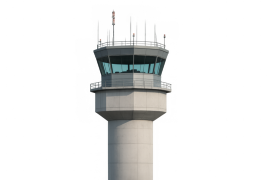 Airport control tower managing air traffic on transparent background