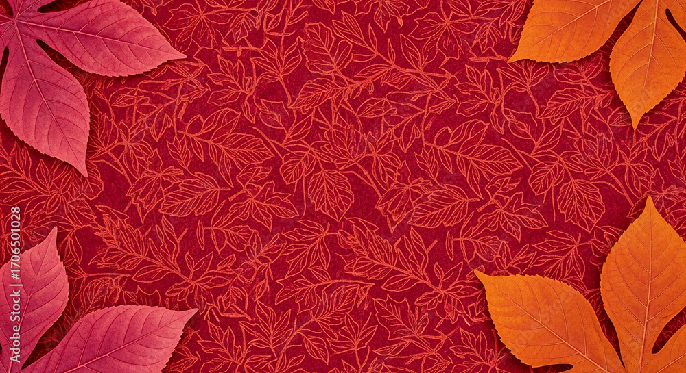 Poster red and orange autumn leaves frame a maroon background with a repeating leaf pattern, creating a sea