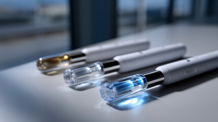 Naklejka premium This image depicts a trio of whitening devices arranged on a sleek table, emphasizing their modern design and effectiveness in enhancing oral health and beauty.