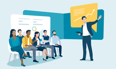 Growth, strategy, presentation. Discussing business plan. Vector illustration