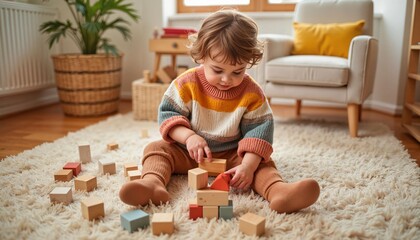 Young child playing with colorful wooden blocks on carpet indoors  