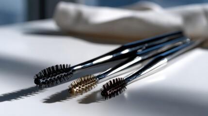 This image showcases three trendy brushes laid on a sleek surface, surrounded by natural light, embodying modern design with an emphasis on simplicity and practical beauty.