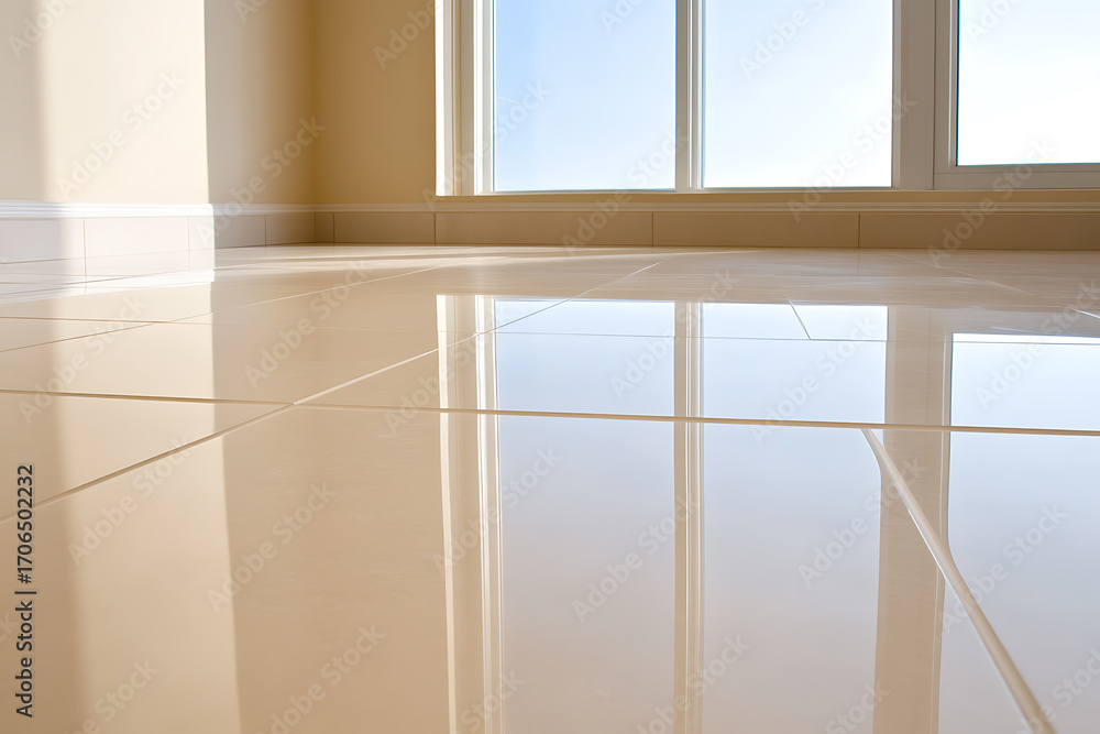 Poster bright, empty room featuring a glossy tiled floor reflecting light from a large window. the scene ev