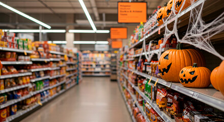 Fototapeta premium Halloween Pumpkins on Supermarket Shelves with Spider Web Decorations