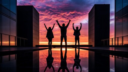 Silhouettes of three people celebrating success with raised arms at sunset between modern buildings reflecting teamwork, unity, motivation and achievement