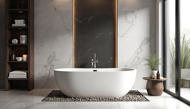 Modern bathroom features freestanding tub, marble tiles, dark accent wall. Subtle lighting enhances luxury spa feel. Storage shelves with towels, bottles add functional decor. Large window offers